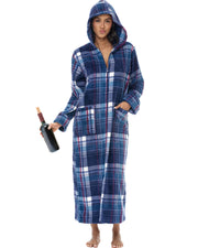 Women's Purple Tartan Plaid Zip Up Fleece Robe with Hood, Oversized Hooded Bathrobe with Two Way Zipper