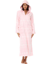 Women's Snowflake Fair Isle Pink Zip Up Fleece Robe with Hood, Oversized Hooded Bathrobe with Two Way Zipper