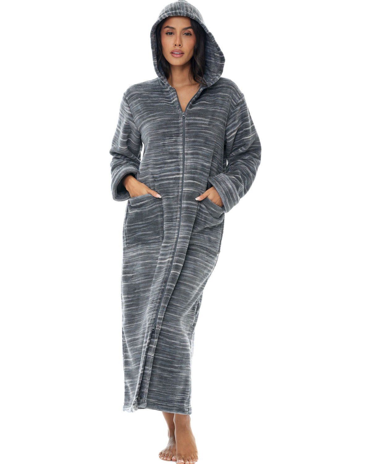 Women's Dark Heathered Gray Zip Up Fleece Robe with Hood, Oversized Hooded Bathrobe with Two Way Zipper