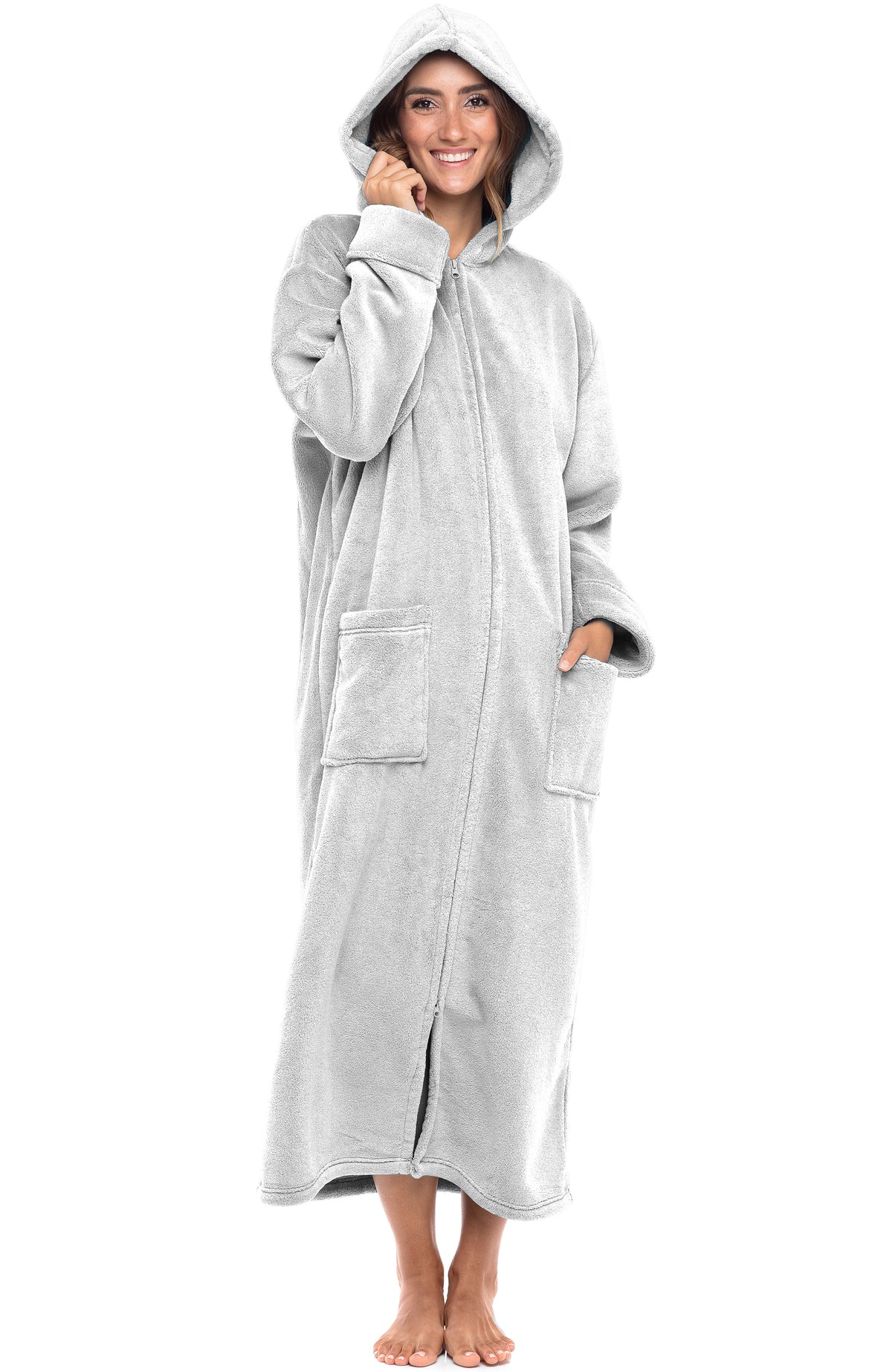 Women's Light Gray Zip Up Fleece Robe with Hood, Oversized Hooded Bathrobe with Two Way Zipper