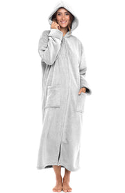 Women's Light Gray Zip Up Fleece Robe with Hood, Oversized Hooded Bathrobe with Two Way Zipper