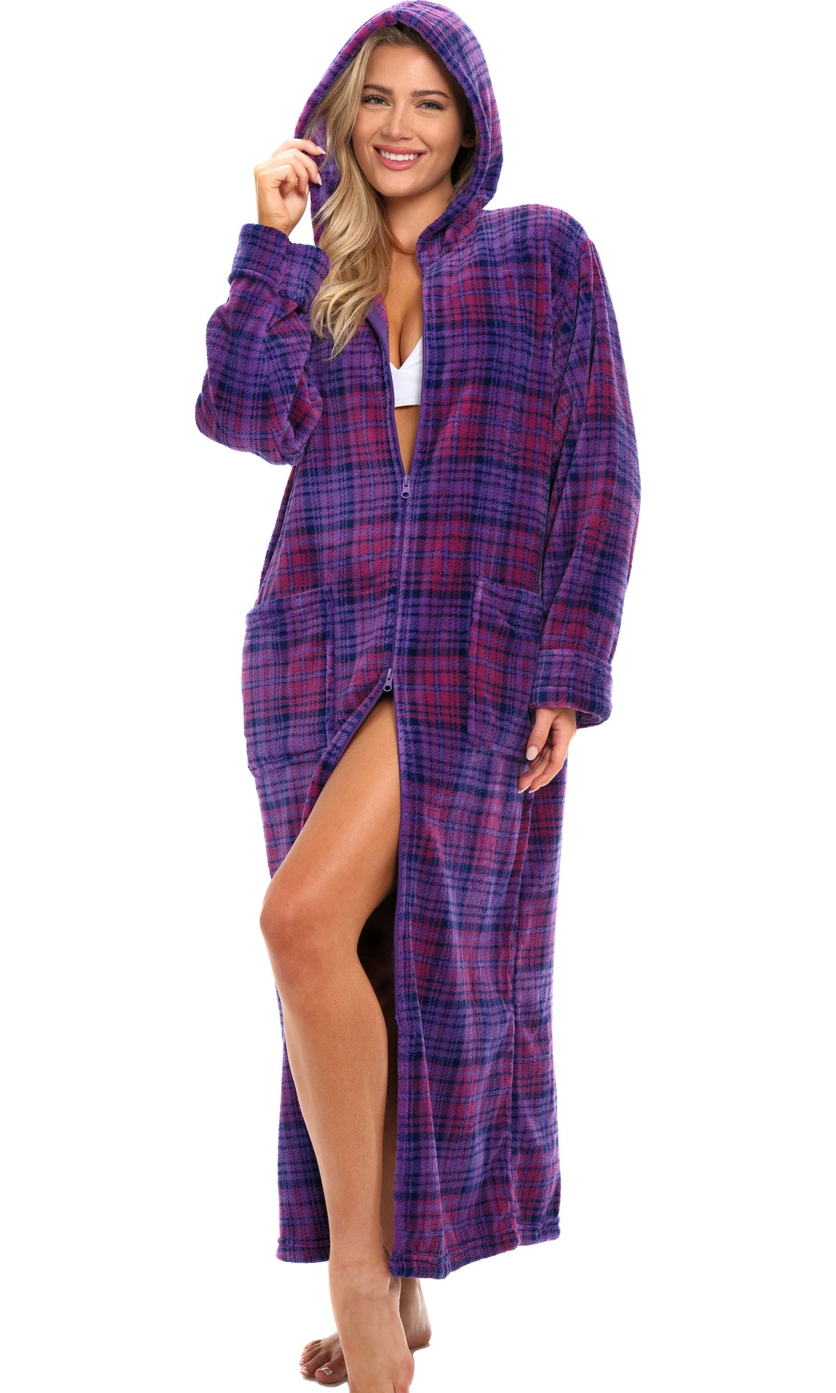 Women's Purple Plaid Zip Up Fleece Robe with Hood, Oversized Hooded Bathrobe with Two Way Zipper