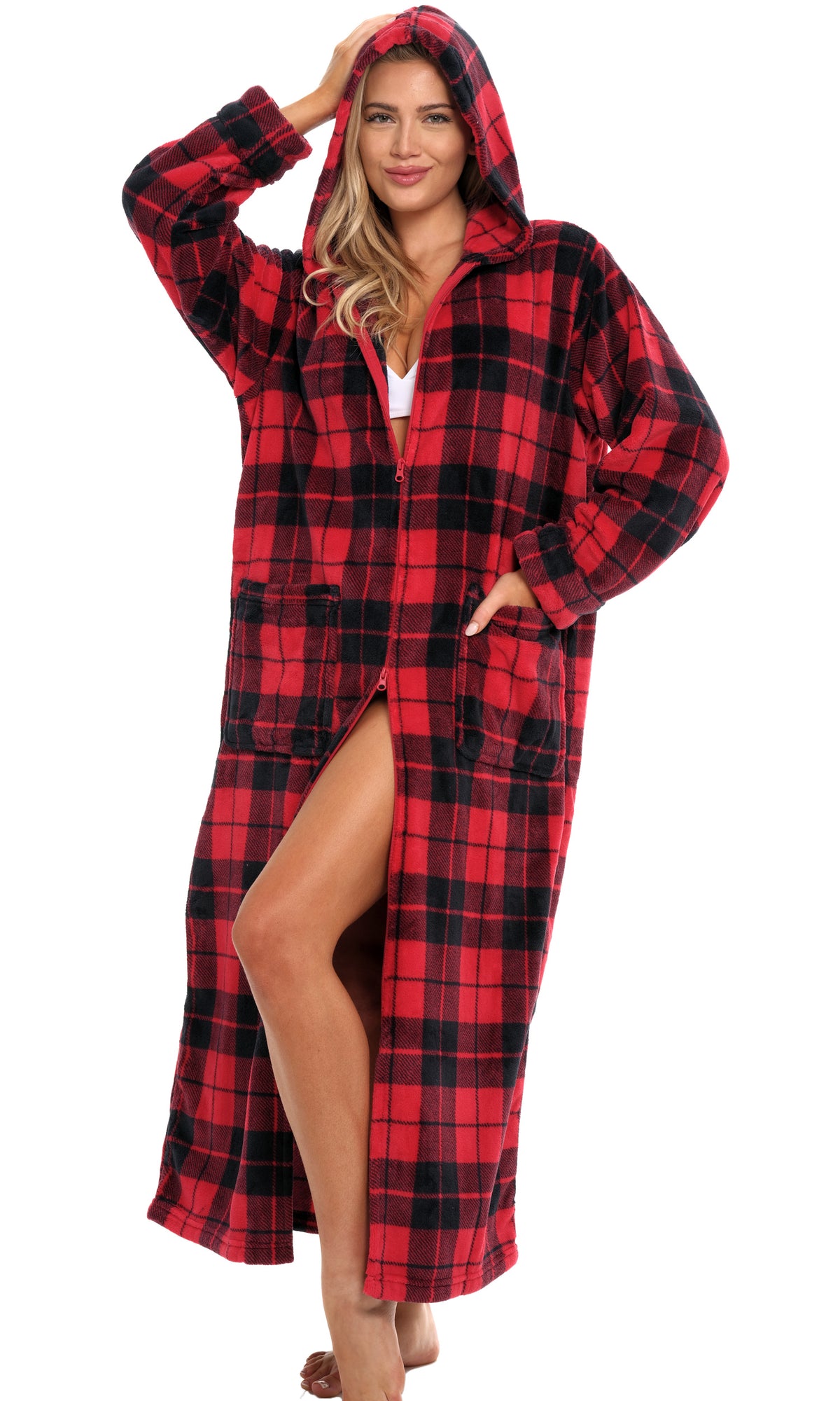 Women's Red Black Plaid Zip Up Fleece Robe with Hood, Oversized Hooded Bathrobe with Two Way Zipper