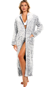 Women's Leopard Print White Zip Up Fleece Robe with Hood, Oversized Hooded Bathrobe with Two Way Zipper