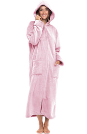 Women's Pink Rose Quartz Zip Up Fleece Robe with Hood, Oversized Hooded Bathrobe with Two Way Zipper