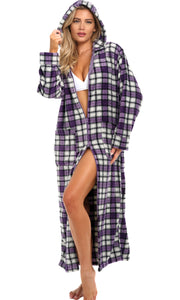 Women's Lavender Tartan Plaid Zip Up Fleece Robe with Hood, Oversized Hooded Bathrobe with Two Way Zipper