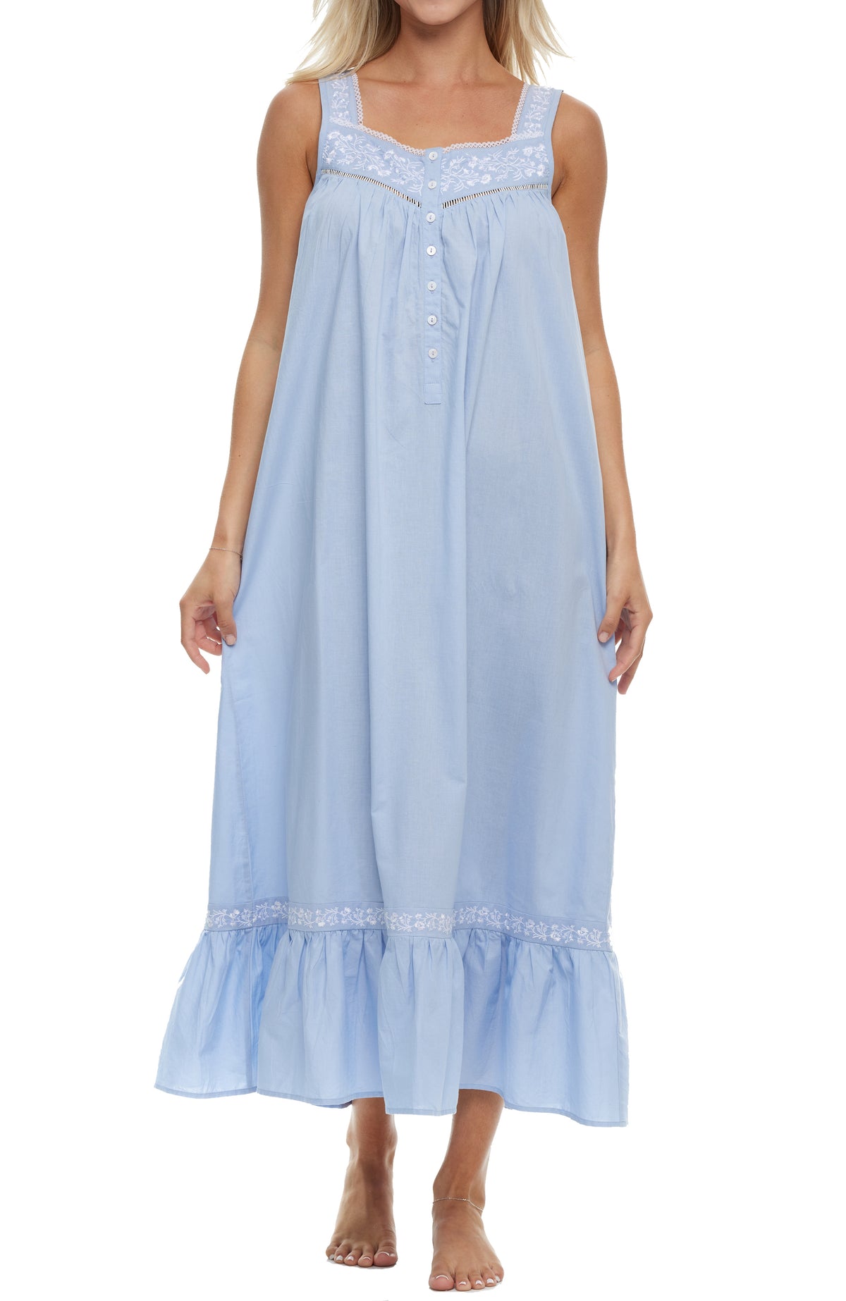 Women Light Blue Cotton Victorian Nightgown, Embroidered Floral Sleeveless Lace Trim Long Vintage Night Dress Gown