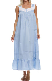 Women's Light Blue Cotton Victorian Nightgown, Gwendoline Sleeveless Lace Trimmed Button Up Long Nightshirt