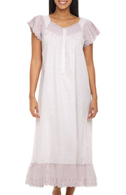 Women's Gray Floral - Katelyn Cotton Victorian Nightgown, Katelyn Short Sleeve Lace Trimmed Button Up Long Nightshirt