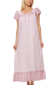 Women's Mauve Floral - Katelyn Cotton Victorian Nightgown, Katelyn Short Sleeve Lace Trimmed Button Up Long Nightshirt