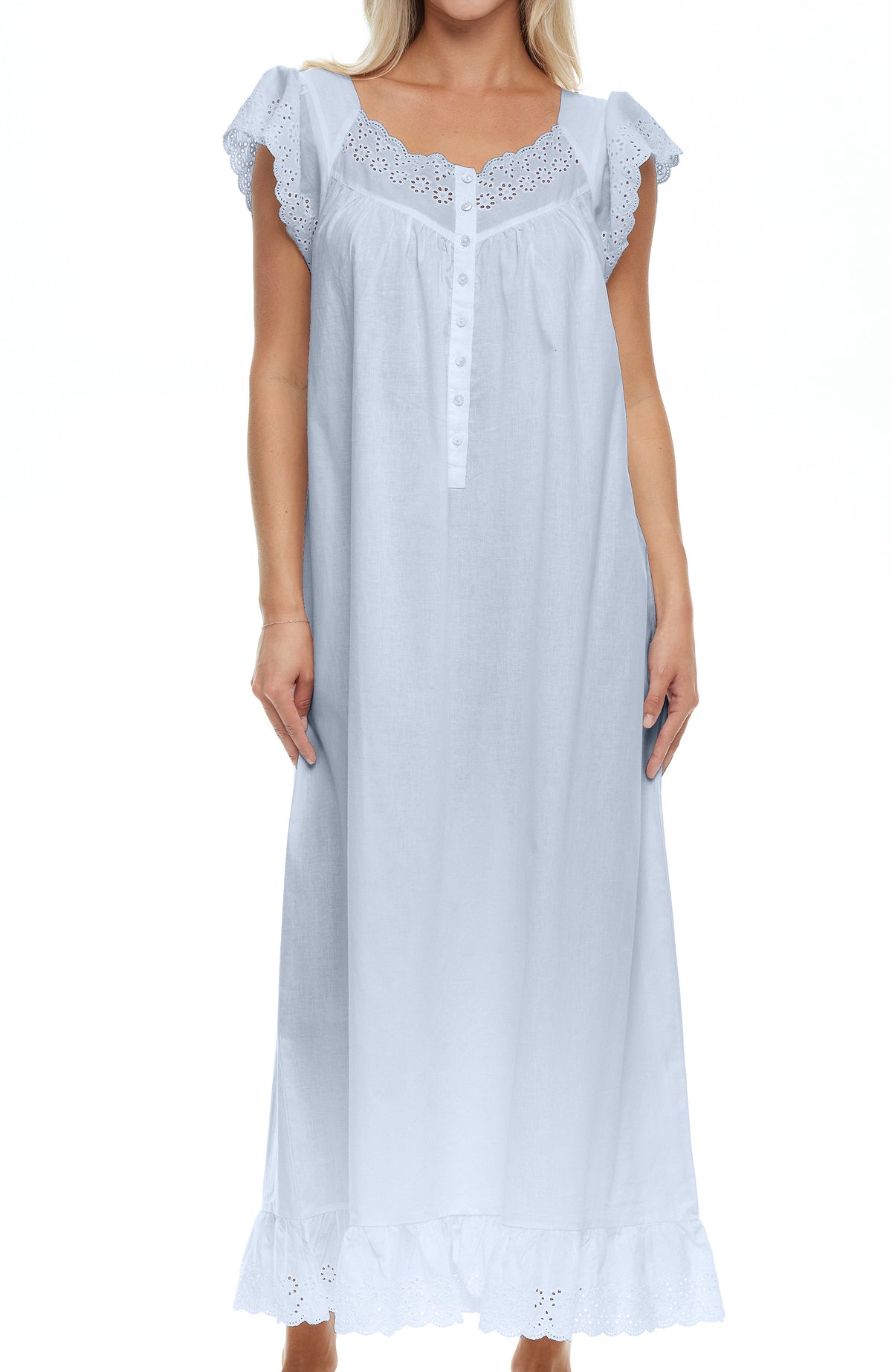 Women's Light Blue Cotton Victorian Nightgown, Katelyn Short Sleeve Lace Trimmed Button Up Long Nightshirt