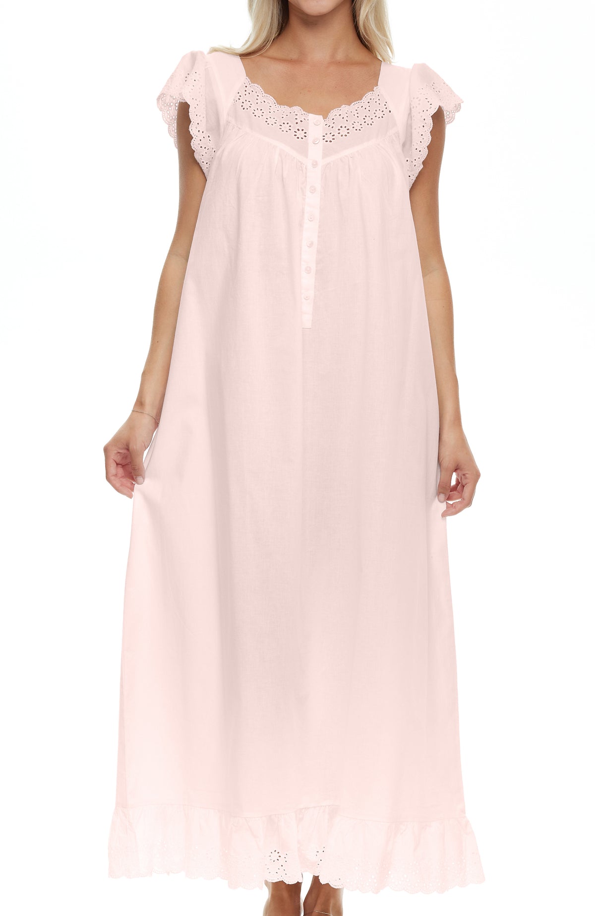 Women's Pink Peach - Katelyn Cotton Victorian Nightgown, Katelyn Short Sleeve Lace Trimmed Button Up Long Nightshirt