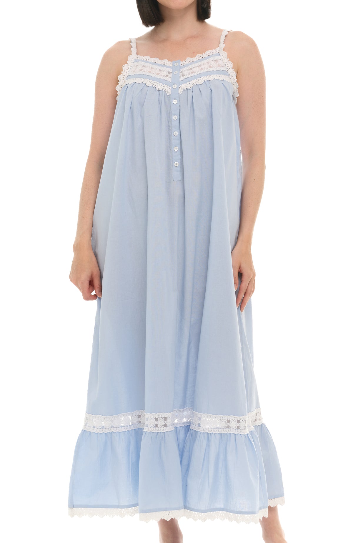 Women's Light Blue Cotton Victorian Nightgown, Cecilia Sleeveless Lace Trimmed Button Up Long Night Dress