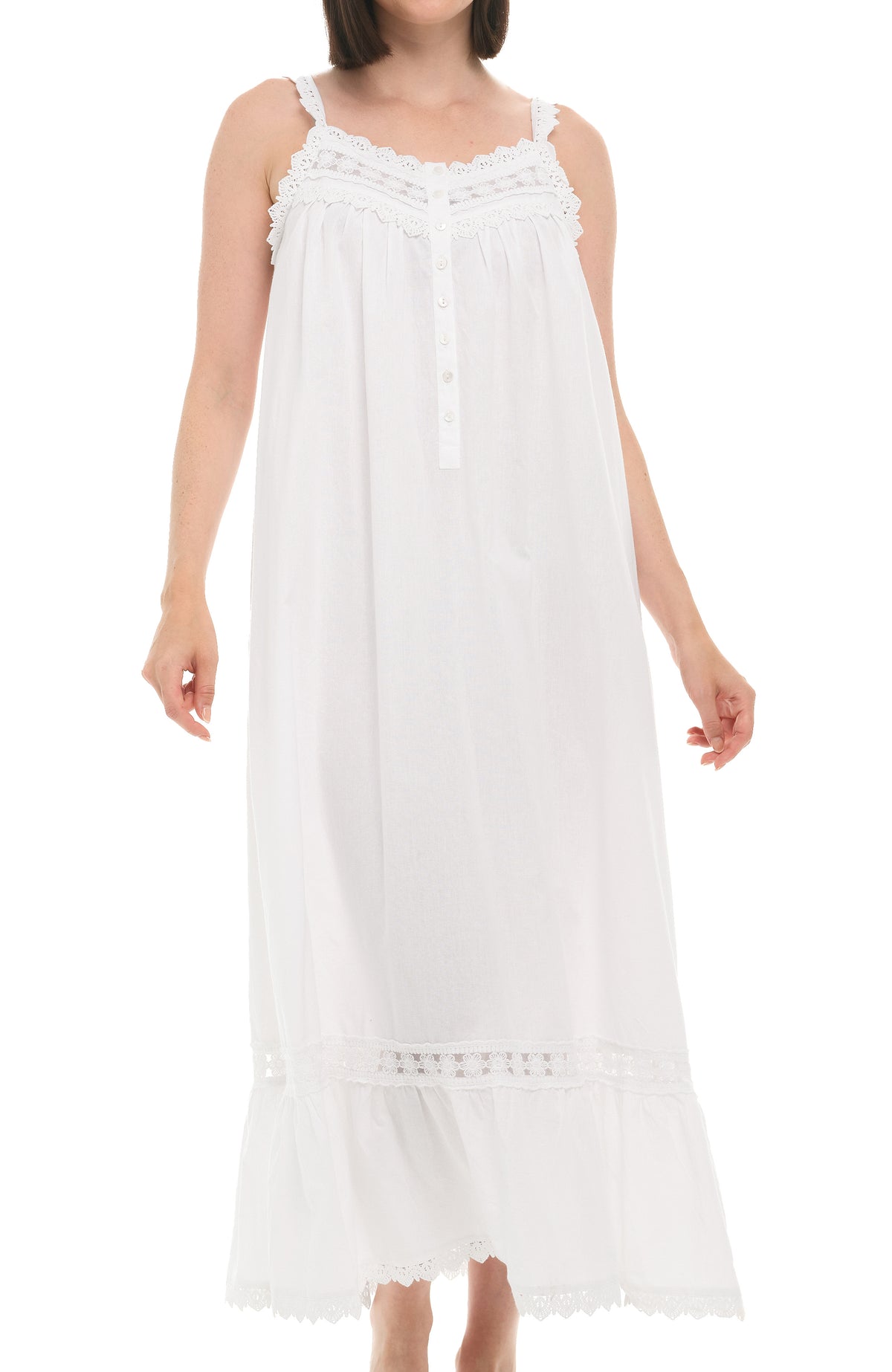 Women's White Version 2 Cotton Victorian Nightgown, Cecilia Sleeveless Lace Trimmed Button Up Long Night Dress