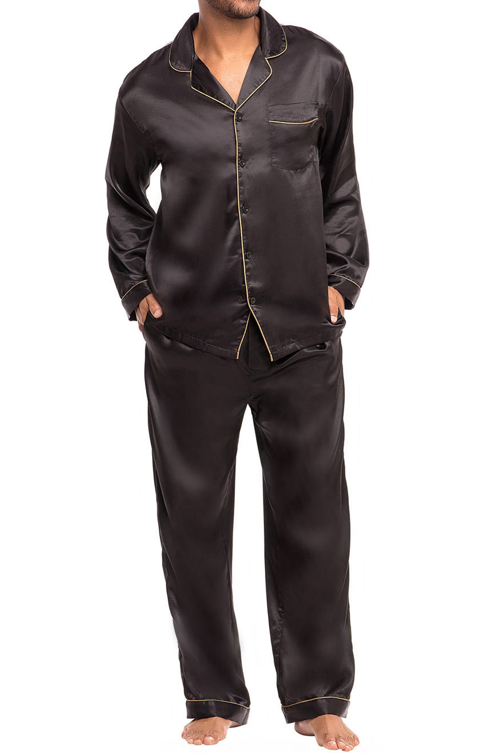 Men's Black with Gold Piping Classic Satin Pajamas with Pockets, PJ and Matching Sleep Mask