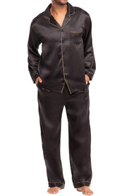 Men's Black with Gold Piping Classic Satin Pajamas with Pockets, PJ and Matching Sleep Mask