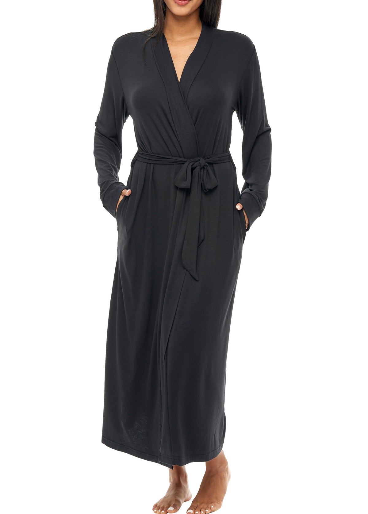 Women's Black Cotton Long Knit Robe with Pockets, Lightweight Bathrobe