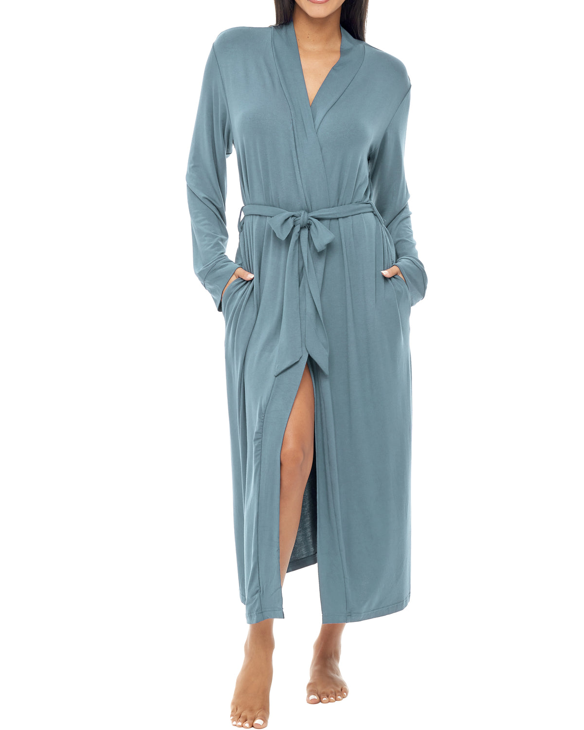 Women's Shadow Blue Cotton Long Knit Robe with Pockets, Lightweight Bathrobe