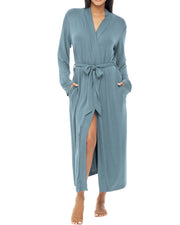 Women's Shadow Blue Cotton Long Knit Robe with Pockets, Lightweight Bathrobe