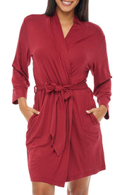 Women's Burgundy Classic Knit Robe with Pockets, Lightweight Knee Length Bathrobe