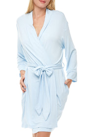 Women's Light Blue Classic Knit Robe with Pockets, Lightweight Knee Length Bathrobe
