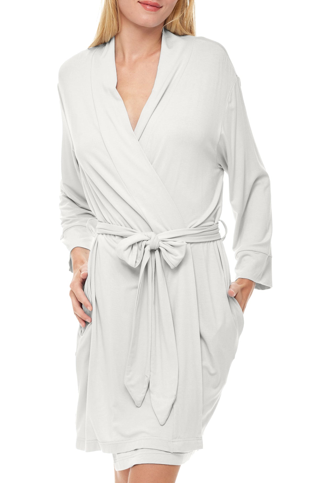 Women's Light Gray Classic Knit Robe with Pockets, Lightweight Knee Length Bathrobe