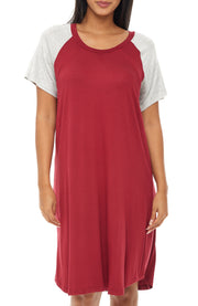 Burgundy /gray Maternity Breastfeeding Nightshirt, Nightgown with Zipper for Nursing, Sleep Shirt Pajama Top