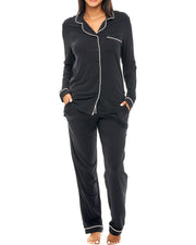 Black Classic Cotton Knit Pajamas Set with Pockets, Lightweight Long Sleeve PJ Set