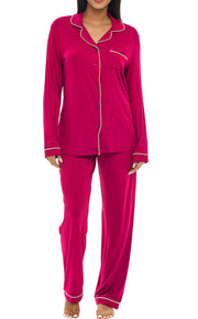 Soft Beetroot Classic Cotton Knit Pajamas Set with Pockets, Lightweight Long Sleeve PJ Set