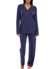 Midnight Blue Classic Cotton Knit Pajamas Set with Pockets, Lightweight Long Sleeve PJ Set