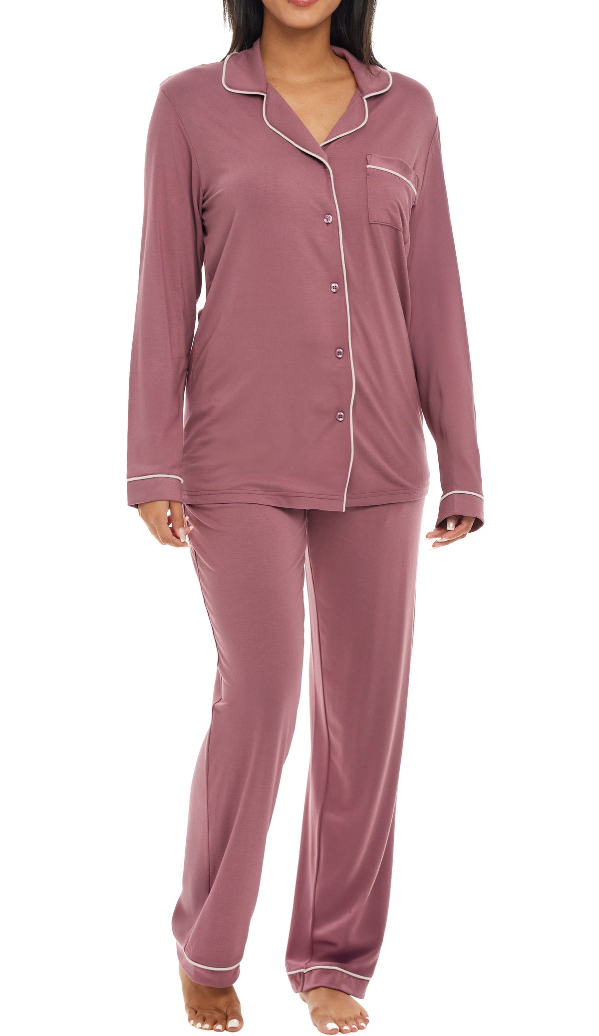 Rose Taupe Classic Cotton Knit Pajamas Set with Pockets, Lightweight Long Sleeve PJ Set