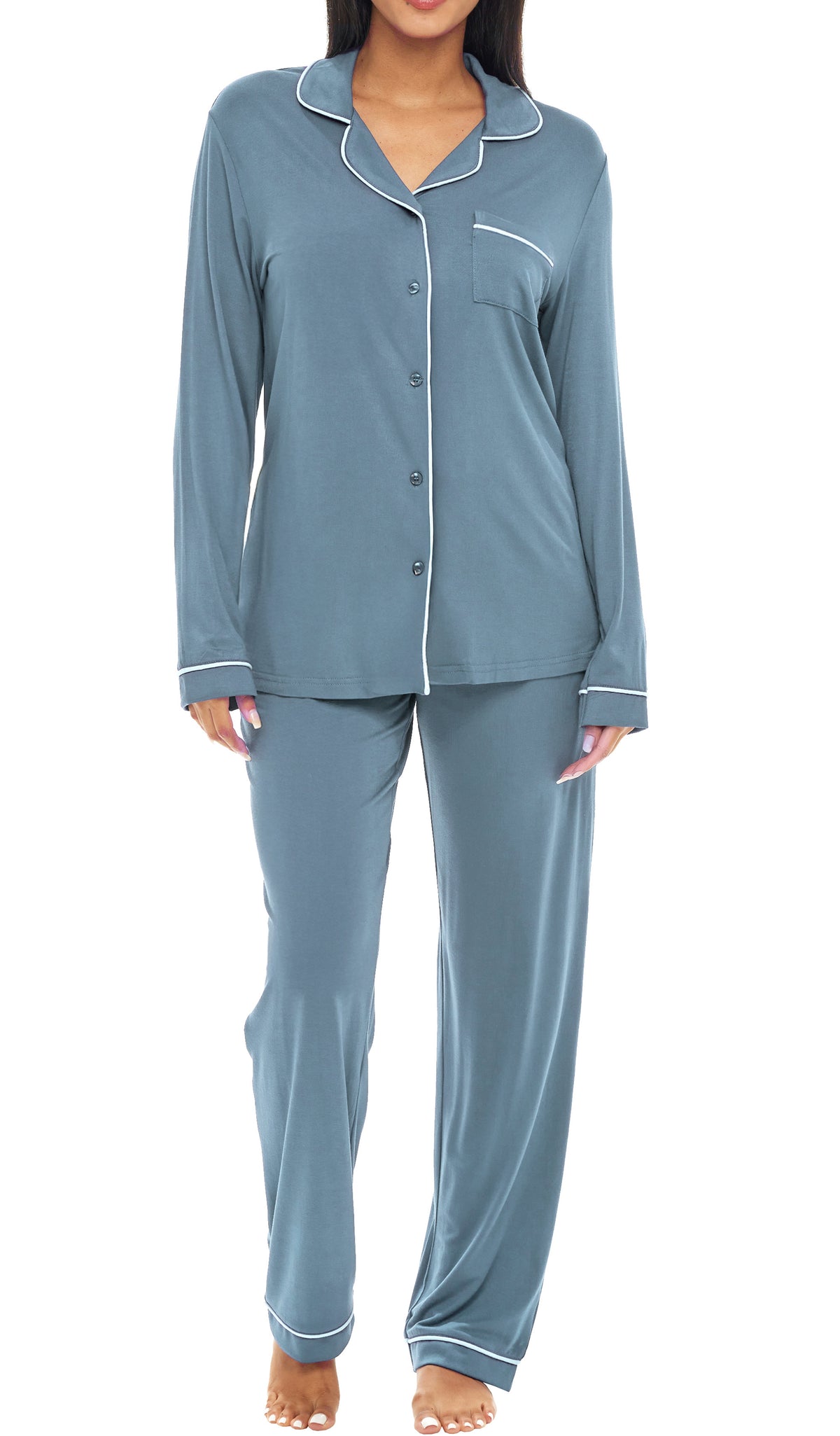 Shadow Blue Classic Cotton Knit Pajamas Set with Pockets, Lightweight Long Sleeve PJ Set
