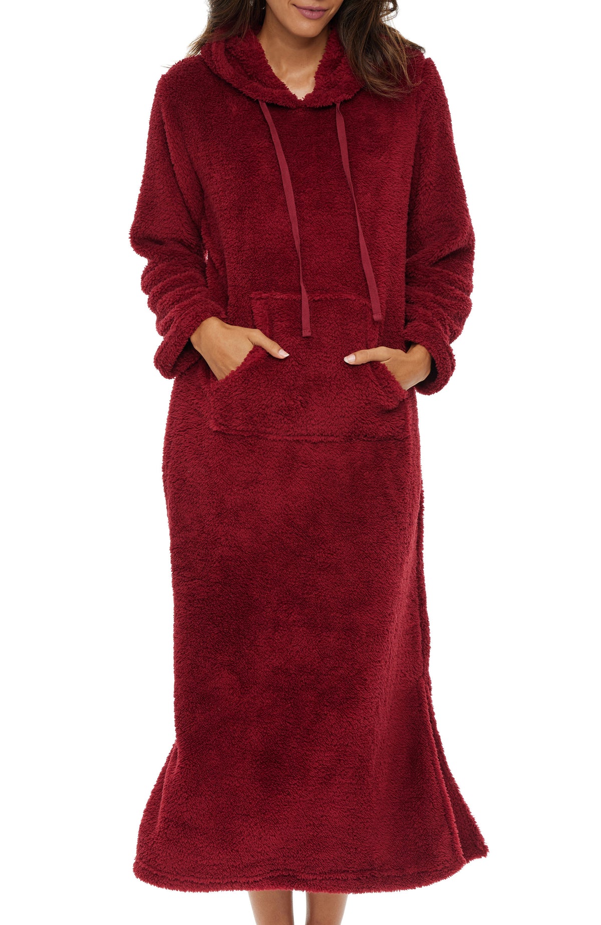 Women's Burgundy Plush Sweatshirt Robe with Pockets, Long Hooded Fleece Duster Kaftan