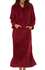 Women's Burgundy Plush Sweatshirt Robe with Pockets, Long Hooded Fleece Duster Kaftan