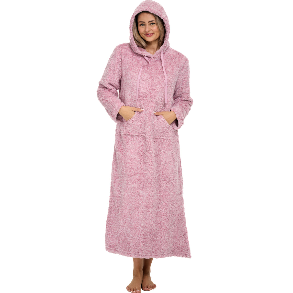 Women's Heathered Mauve Plush Sweatshirt Robe with Pockets, Long Hooded Fleece Duster Kaftan