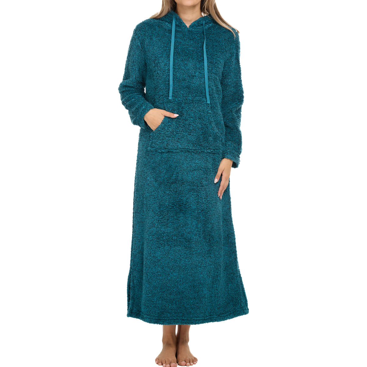 Women's Heathered Teal Plush Sweatshirt Robe with Pockets, Long Hooded Fleece Duster Kaftan