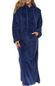 Women's Navy Blue Plush Sweatshirt Robe with Pockets, Long Hooded Fleece Duster Kaftan
