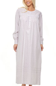 Women's White Floral on Gray Cotton Victorian Nightgown with Pockets, Emily Long Sleeve Lace Trimmed Button Up Long Night Dress