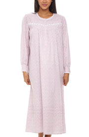 Women's White Floral on Mauve Cotton Victorian Nightgown with Pockets, Emily Long Sleeve Lace Trimmed Button Up Long Night Dress