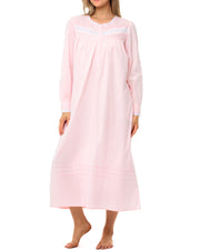 Women's Pink Peach Cotton Victorian Nightgown with Pockets, Emily Long Sleeve Lace Trimmed Button Up Long Night Dress