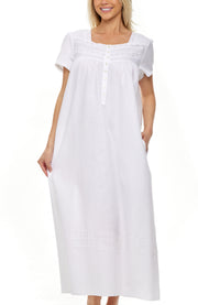Women's White Cotton Victorian Nightgown with Pockets, Florence Short Sleeve Lace Trimmed Button Up Long Night Dress