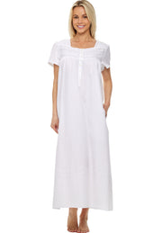 Women's White v2 Cotton Victorian Nightgown with Pockets, Florence Short Sleeve Lace Trimmed Button Up Long Night Dress