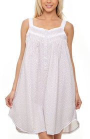 Women's White Floral on Gray Cotton Victorian Nightgown, Maria Sleeveless Lace Trimmed Button Up Short Night Dress