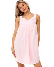 Women's Pink Peach Cotton Victorian Nightgown, Maria Sleeveless Lace Trimmed Button Up Short Night Dress