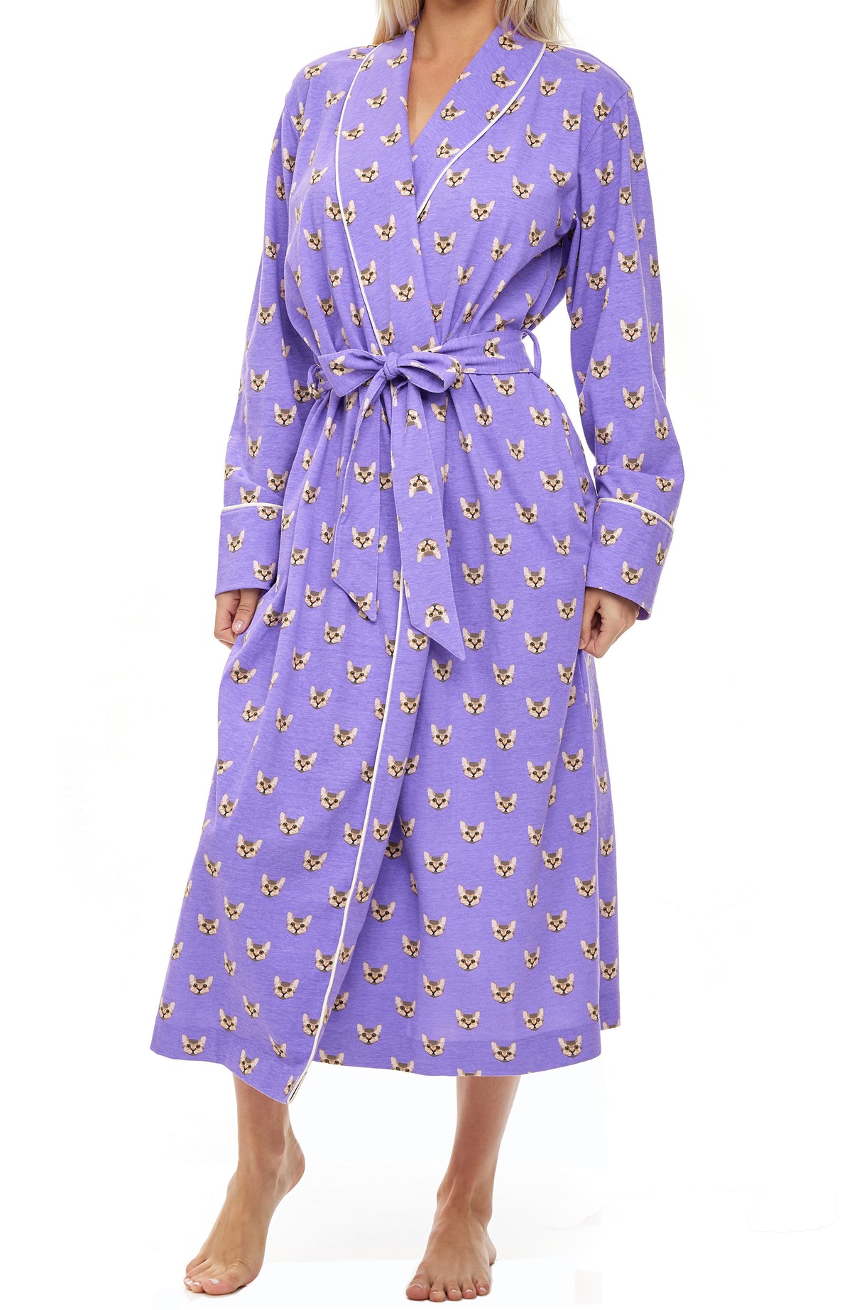 Womens Lavender Cats Long Knit Robe with Pockets