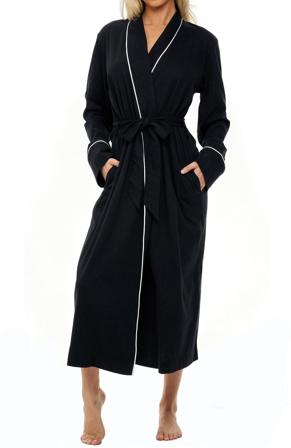 Womens Black Long Knit Robe with Pockets