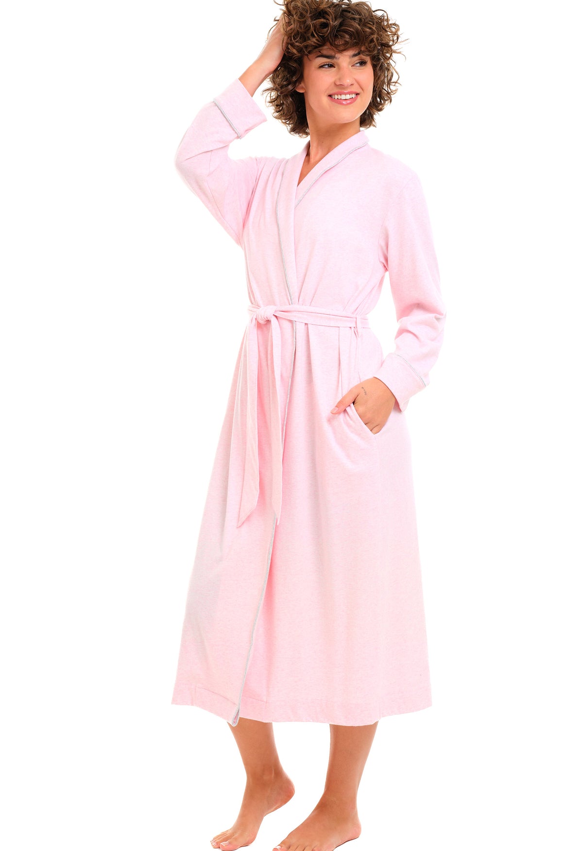 Womens Light Heathered Pink Long Knit Robe with Pockets