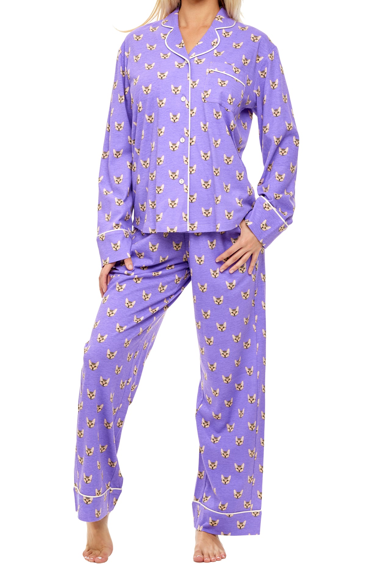 Womens Lavender Cats Long Sleeve Knit Pajamas