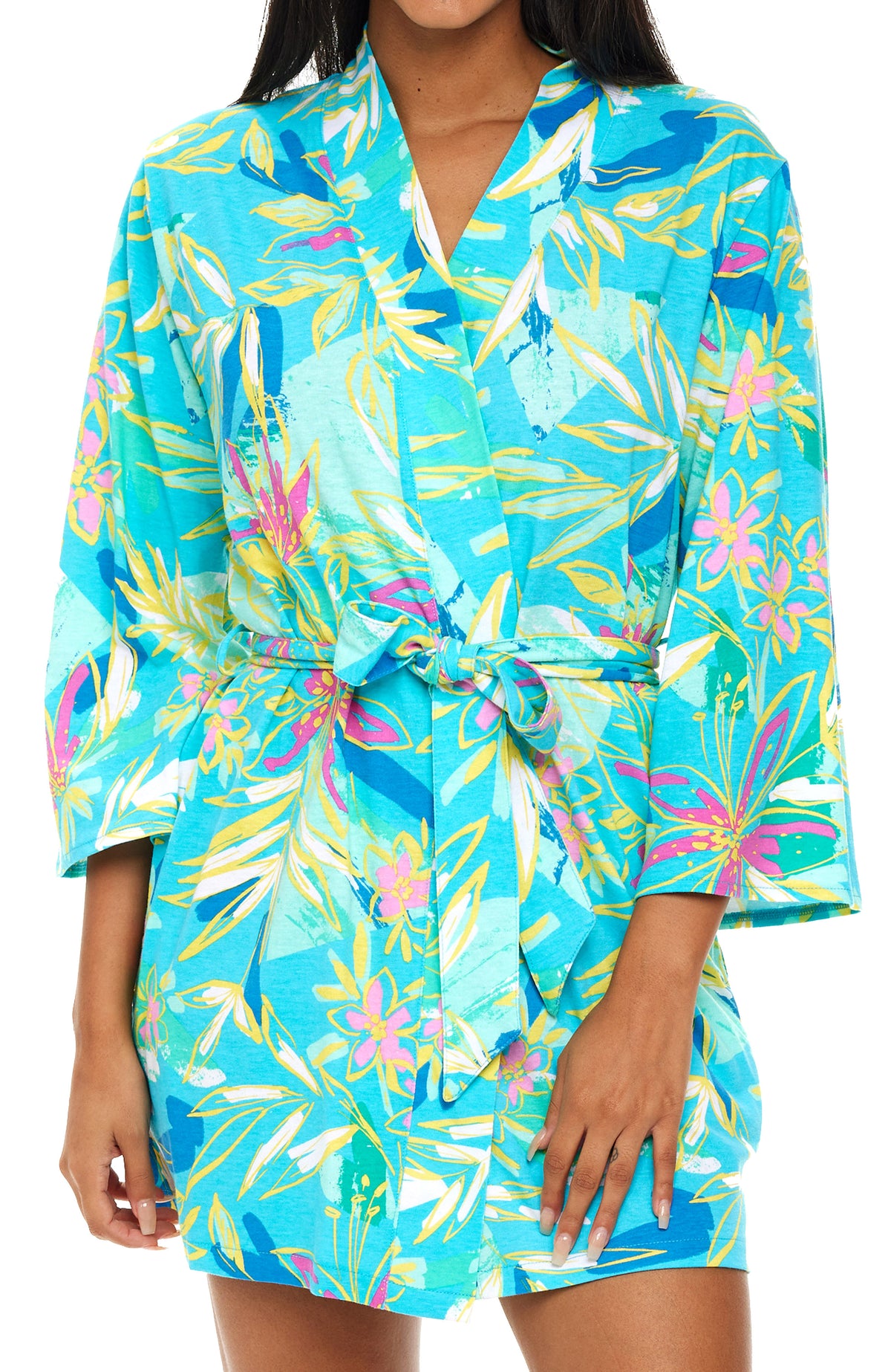 Womens Painted Floral Knit Robe with Pockets
