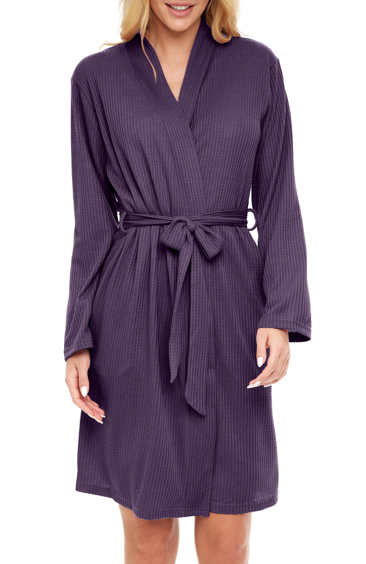 Women's Purple Knit Wrap Robe with Pockets, Lightweight Bathrobe